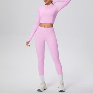 Conjunto de 2 piezas: Chaqueta deportiva corta con cremallera y pantalones de yoga, de tacto suave, color liso, que absorbe el sudor, de talle alto y efecto levanta glúteos, ajustado, para <span class=keywords><strong>mujer</strong></span>, tallas XL/<span class=keywords><strong>XXL</strong></span> - Product Image 2