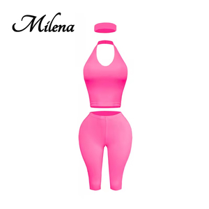 Completo Set Due Pezzi <span class=keywords><strong>Donna</strong></span> <span class=keywords><strong>Primavera</strong></span> <span class=keywords><strong>Estate</strong></span> 2026: Top Halter in Cotone Personalizzabile con Logo e Leggings Capri - Product Image 5