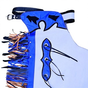 Custom Wholesale Rodeo Chaps - Handcrafted White and Blue Leather Bull Riding Chaps with Fringe & Geometric Inlays - Product Image 3