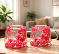 Tasse à café en verre double couche, design artistique moderne, avec fleurs séchées et véritables, effet sable mouvant, haute valeur esthétique