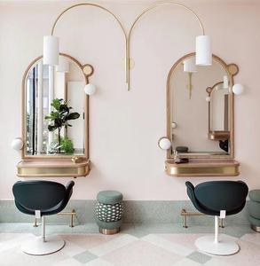 MORE DESIGN Estación de espejo de salón de belleza Led de salón de belleza con mesa, muebles de peluquería de estilo dorado grande de longitud completa - Product Image 6