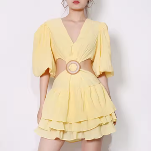 Nuevo vestido elegante con logotipo personalizado de primavera, manga de burbuja, cuello en <span class=keywords><strong>V</strong></span>, Mini vestido de verano informal Sexy para mujer - Product Image 1