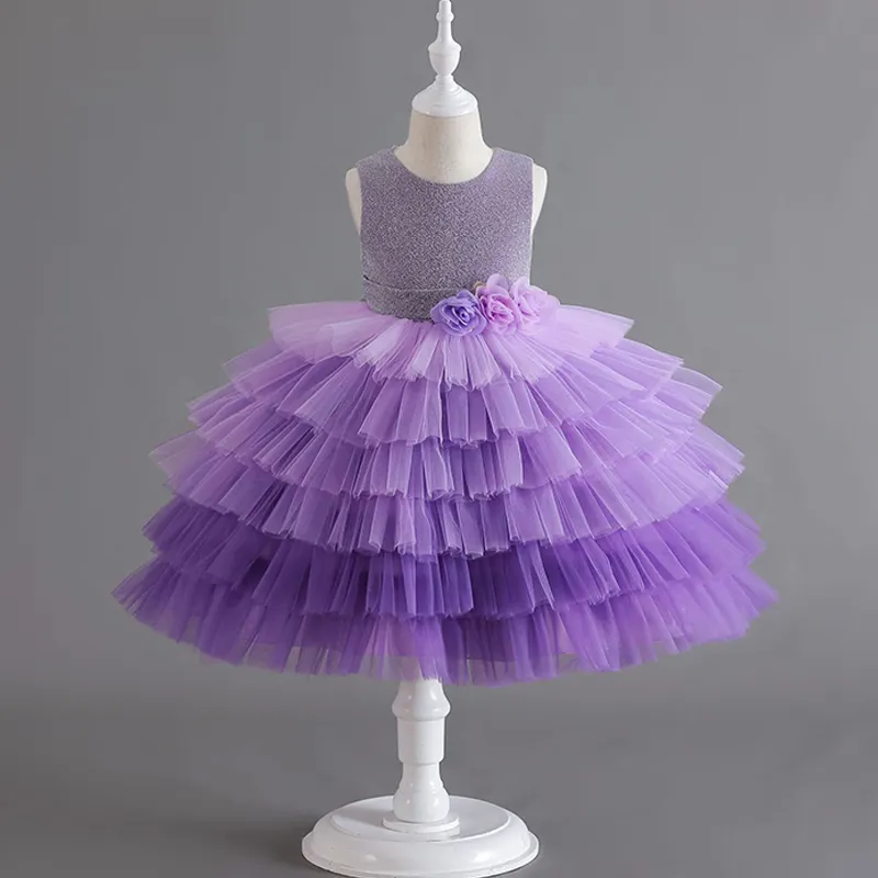 OEM ODM مخصص الأكثر مبيعاً كعكة فتاة ملونة تصميم ثوب حفلة أطفال قوس قزح الأميرة يتوهم فستان الأطفال زهرة فتاة فساتين