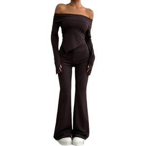 ชุดเซ็ตสองชิ้นสำหรับผู้หญิง รุ่นคัสตอม 2026 เสื้อเปิดไหล่ผ้าสเตรช กางเกงขาบาน สไตล์สตรีทแฟชั่น แขนยาว ผ้าเมมโมรี่ - Product Image 4