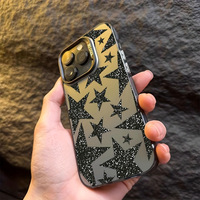 Casing Handphone TPU PC Berlapis Perak dengan Cetakan Bintang Hitam Berkilau untuk Iphone 11 12 13 14 15 16 17 18 Pro Max
