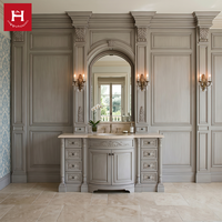 Meuble-lavabo double de luxe Happy Houses en bois massif gris de style européen avec station de toilette centrale et pilastres corinthiens