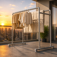 Séchoir à linge mobile en acier inoxydable à double barre sur roulettes verrouillables, support de rangement autoportant pour vêtements