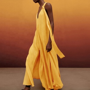 Tongrui 2023 S22 <span class=keywords><strong>Abito</strong></span> <span class=keywords><strong>Lungo</strong></span> Giallo con Spalline Incrociate sulla Schiena e Dettaglio Nodo in Viscosa e Lino Vestito Ampio - Product Image 2