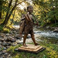 Gerçek Boyutta Rustik Tarz Göl Kenarı Parkı Bronz Heykeli, Büyük Balık Tutmuş Mutlu Çocuk Figürü, Bronz Heykel