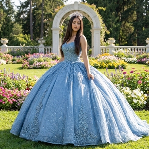 7576 <b>Blue</b> <b>Beading</b> Satin Quinceanera Dress 2024 Lace Applique Natural Waistline Sweet 16 Birthday Party Floor-Length Sweetheart - Product Image 1