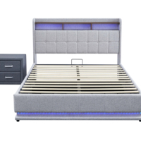 Lit Queen Size à Assemblage Facile avec Tête de Lit Étagée, Lit de Rangement Hydraulique avec Éclairage LED RGB, Tissu Gris Clair – Vente en Gros