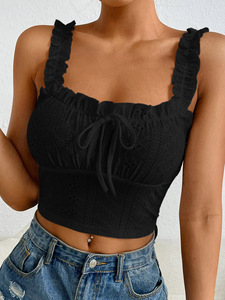 Top corto tipo camisola para mujer, de algodón, negro liso, estilo vintage, con bordado de ojales, tirante con volantes, lazo y fruncido, corte ajustado, venta al por mayor OEM - Product Image 6