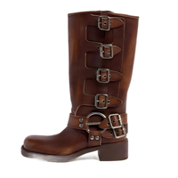 Bottes de motard personnalisables marron vieilli à multiples boucles pour femme, style western rétro, mi-mollet, à talon épais