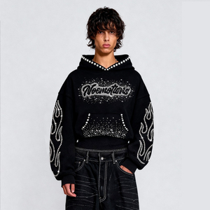 Sudadera con Capucha Negra para Hombre con Pedrería, Estilo Urbano Oversize, Estampado de Letras, Tejido de Algodón, Estilo Otoñal - Product Image 1