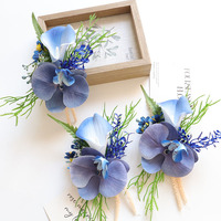 Boutonnières et corsages de poignet réalistes faits main en PU, tons bleus, pour mariages et banquets, avec lys calla et phalaenopsis, décorations pour verres à vin