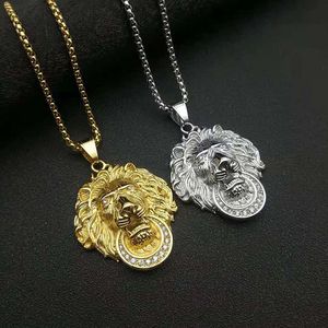 yunnique Lion Head Pendant Necklace Stainless Steel Gold Plated Rhinestone Unisex Party Jewelry - Product Image 1