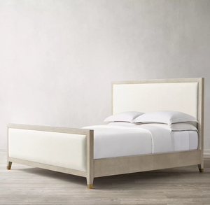 Lit Queen Size avec Pied de Lit Rhoohill RH Style Américain en Bois Massif avec Lin, Chambre à Coucher Moderne, Cuir Embossé Shagreen, Hôtel - Product Image 1