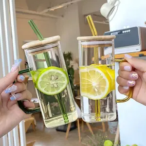 Cà phê Mug cho trà sữa cà phê nước giải khát yến mạch Tumbler bán buôn rõ ràng vuông Glass Tea Cup với nắp tre và xử lý rơm