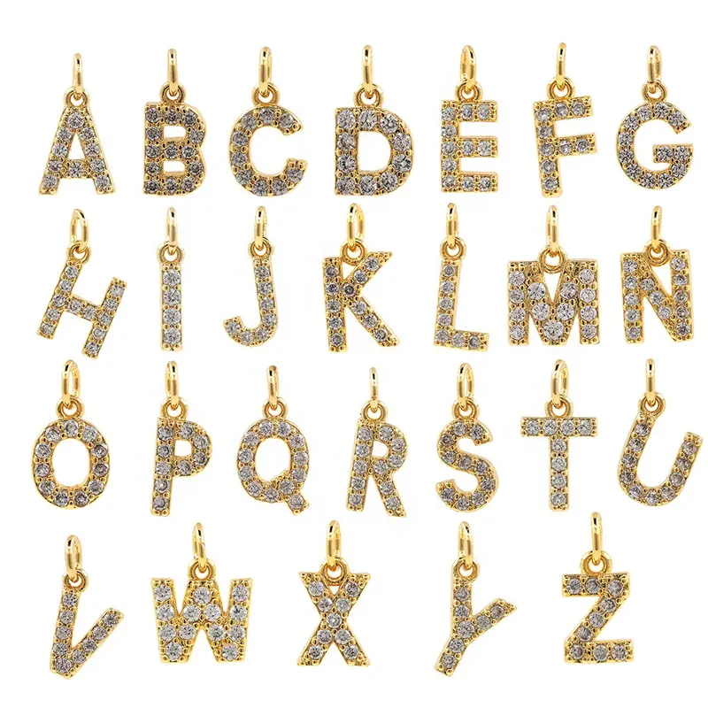 26 A-Z Liontin Alfabet Emas Berlian Imitasi Mikro Pave Huruf Inisial Jimat untuk Pembuatan Perhiasan