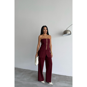 DESIGNER Burgundy Striped Woven Fabric Waistcoat <b>Gold</b> Buttoned Strapless Vest Windproof Casual Office Outer <b>Suits</b> Logo - Product Image 1