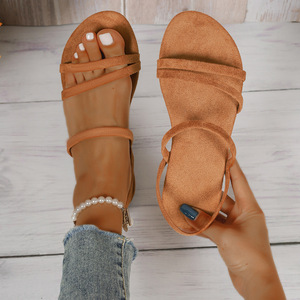 Summer New Double Thin Strap Flat Sandals Elastic Ankle Strap <b>Open</b> Toe Casual Women Daily Sandals - Product Image 1