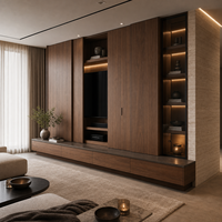 Meuble TV moderne en bois avec console multimédia murale flottante, étagères à LED et panneaux muraux cannelés pour salon