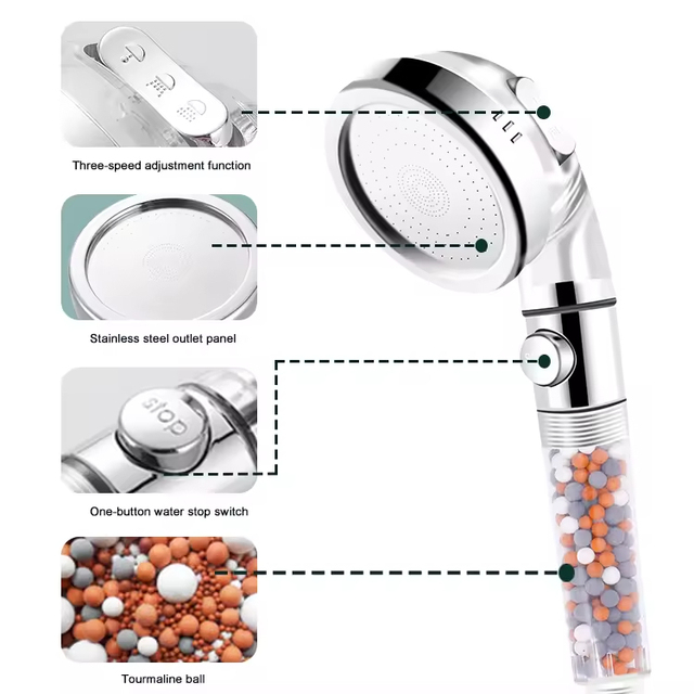 High Quality 3-Function Mineral Purifying Shower Filter Head High-Pressure Ionic Bathroom Faucet Spout with Diverter and Filter