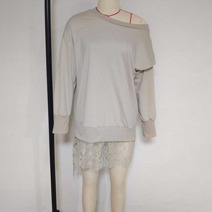 Vestido de sudadera con hombros descubiertos y ribete de encaje para mujer - Vestidos mini oversize de manga larga a la moda - Product Image 5