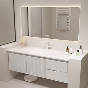 Meuble-lavabo minimaliste flottant avec miroir intelligent anti-buée, meuble-lavabo avec armoire et rangement à tiroirs - Product Image 1