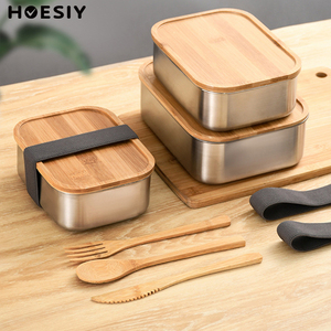 Eco Friendly Lunch Box Kid School Adult Office Premium 304 Stainless Steel Natural Wood Lid Fiber Bento Box Bamboo Lunch Box
