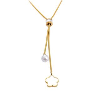 Collier pendentif plaqué or avec chaîne coulissante réglable, breloques en nacre (coeur, étoile, trèfle, fleur) et perle, bijoux dorés - Product Image 5