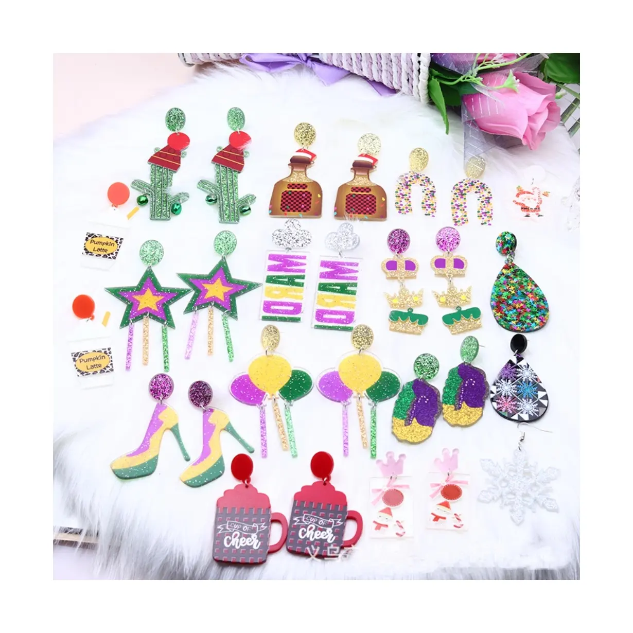 Hanpai Women Snowflake Star Deerlet Christmas Earrings Jewelry Acrylic Charm Earrings Colorful Earrings