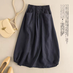 Japanese Style Women's High Waist A Line Lantern Skirt Loose Cotton Linen Midi With Pockets Navy Blue - Product Image 1