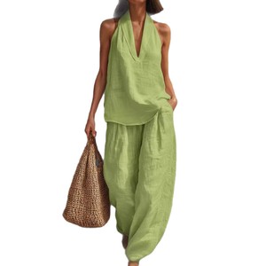 Ensemble de costume en lin pour femmes, blanc, col halter, col en V, sans manches, pantalon décontracté, tailles S M L XL XXL XXXL, style Europe Amérique - Product Image 5
