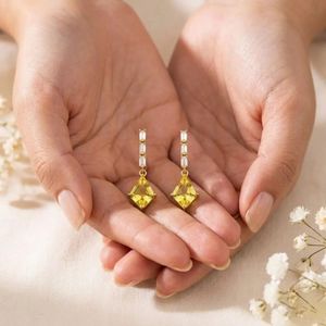 Natural Lemon Quartz Faceted Kite Shape <b>Earrings</b> with Cubic Zirconia <b>Stud</b> Drop Design in 925 Sterling <b>Silver</b> Handmade Minimalist - Product Image 6