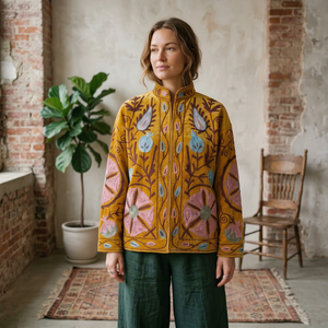 Mustard Yellow Suzani Embroidered <b>Jacket</b> <b>Men</b> And Women Handmade Mustard Yellow Floral Suzani Boho Outerwear Artisan Embroidered - Product Image 1