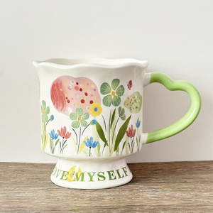 Tazza in Ceramica Floreale con Piedistallo, Manico a Cuore Verde 'Love Myself', Bicchiere Botanico Pastello, Tazza da Caffè, Fornitura all'Ingrosso - Product Image 1