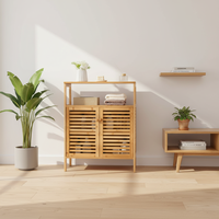Meuble de rangement autoportant en bois massif, moderne et écologique, pour cuisine et salle de bain, avec portes à double persiennes et étagère ouverte