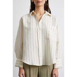 เสื้อเชิ้ตผ้าโมดอลลายทางตัดกัน เสื้อเชิ้ตผู้หญิงติดกระดุม ผ้าป๊อปลินลำลองสำหรับทุกวัน สีกากี - Product Image 5