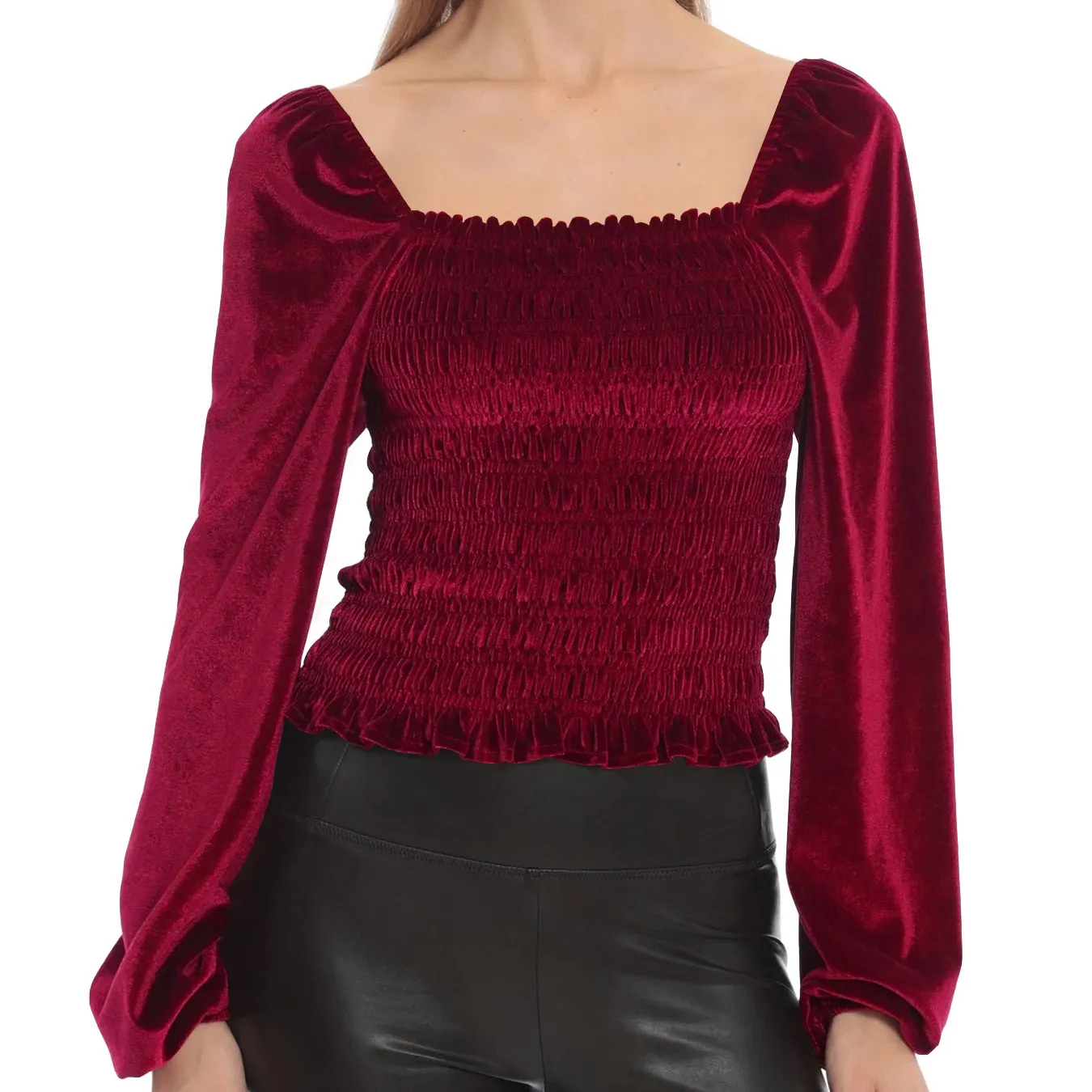 D230044 French Velvet Solid Top Elastic Slim Shirt Square Neck Pleated Blouse Lady Wear