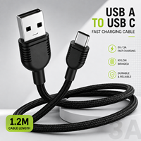 Câble USB A vers USB C 1,2 m 3A Charge Rapide Câble de Données en Nylon Tressé Noir avec Cuivre Étamé pour Appareils Mobiles