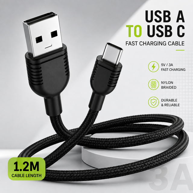 USB a to USB C Cable 1.2M 3A Fast Charging Tinned Copper Black Nylon Braided Data Cable for Mobile Devices