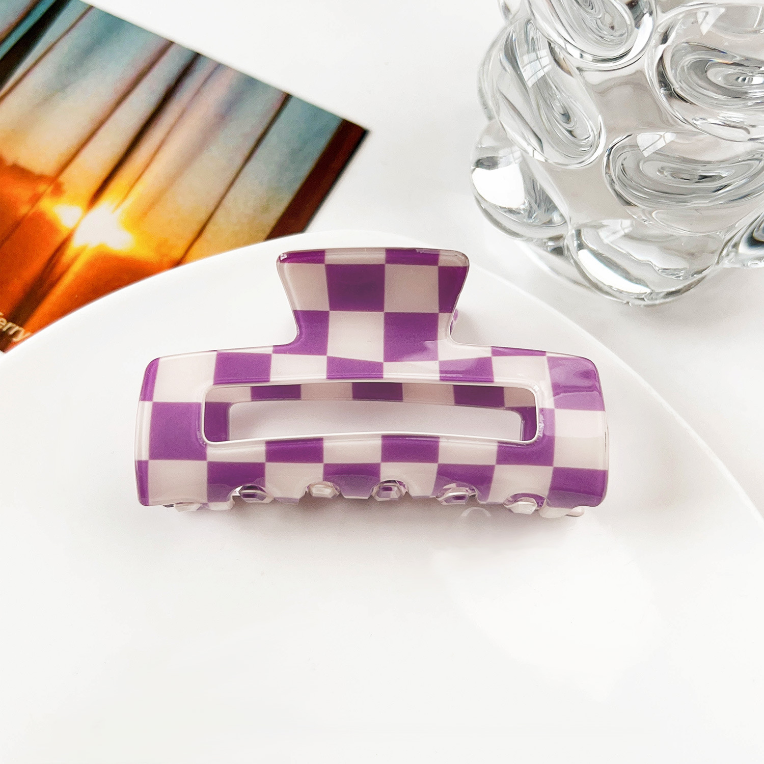 8cm Long purple and white check