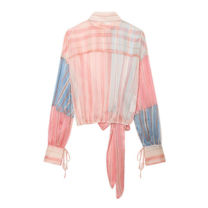 PB&ZA Donna 2026 Estate Nuove Bluse Dolci alla Moda Trasparenti Casual Larghe a Righe a Maniche Lunghe <span class=keywords><strong>con</strong></span> Fiocco Camicie Femminili Chic Top - Product Image 2