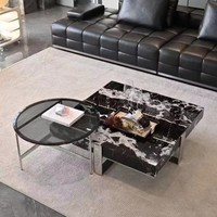 Table basse moderne de luxe léger, minimaliste, en acier inoxydable et marbre, avec plateau en verre trempé, design carré, disponible en tailles haute/basse, pour salon