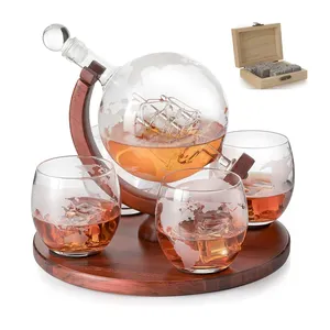 Whiskey Gift Set Globe Decanter 750 ml with Antique Ship, Whiskey Stones Home Bar World Decanter whiskey Globe