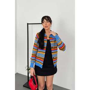 Cardigan tricoté bleu pour femme, décontracté, couleur bonbon, rayé, anti-boulochage, à manches longues - Product Image 4