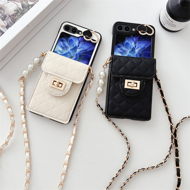 Leather Phone Case for Samsung Z Flip 5 Case with Card Slot Flip Cover Phone Case for Galaxy Z Flip 4 3 with Crossbody Rope