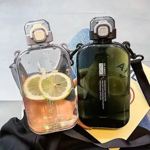 New Design Flat Square Transparent Green Water Bottle Portable Travel Bottles with Adjustable Shoulder Strap for Sports Camping