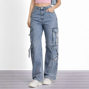 Vaqueros estilo cargo cómodos con pierna ancha y corte recto, con diseño de múltiples bolsillos - Product Image 1